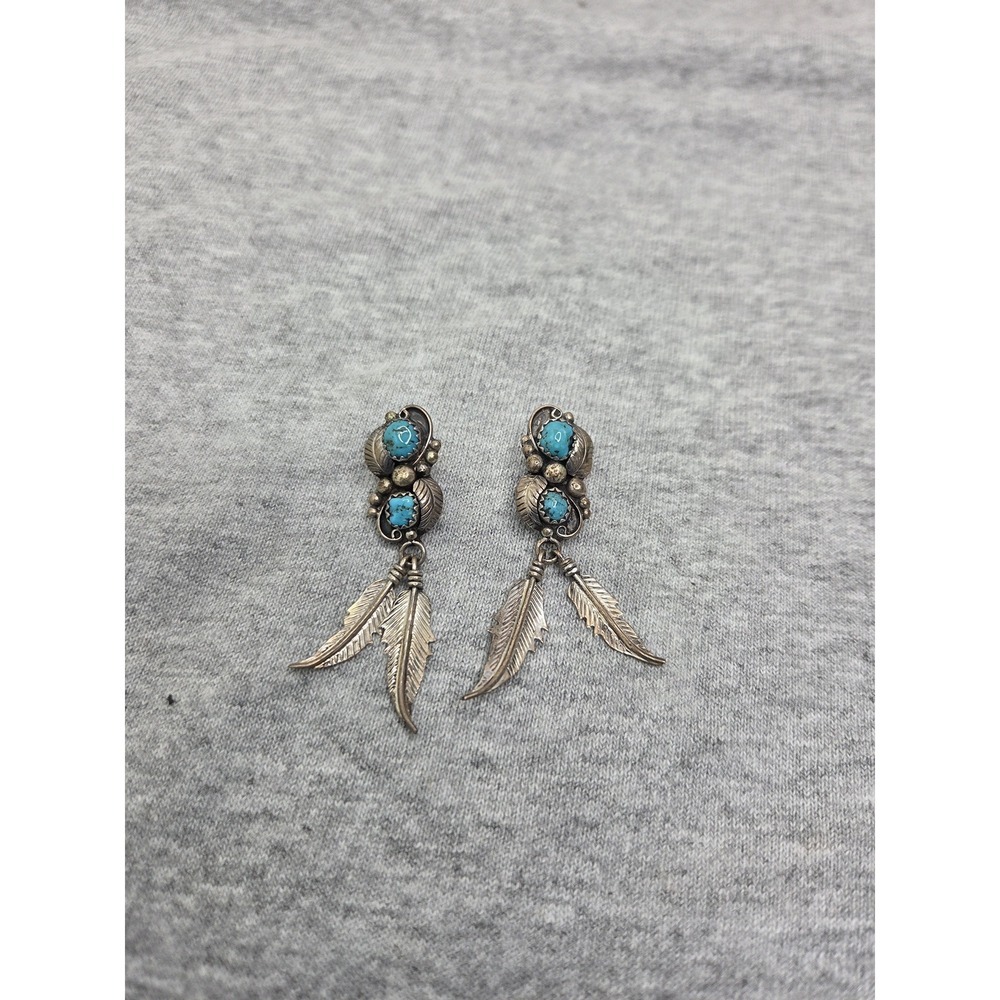 Vintage Navajo Signed Sterling Silver Turquoise Concho Feather Dangle Earrings